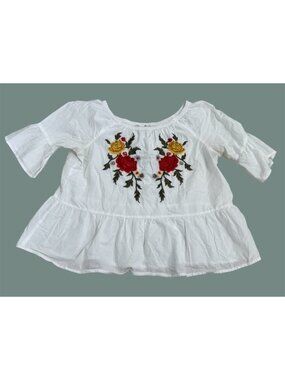 Vintage America Blues White Embroidered Peasant Blouse Bohemian Large Peplum 3/4